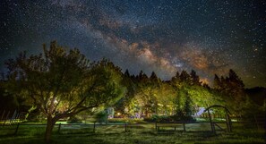 En stjärnklar natthimmel med Vintergatan synlig över en park med träd och en lekplats.