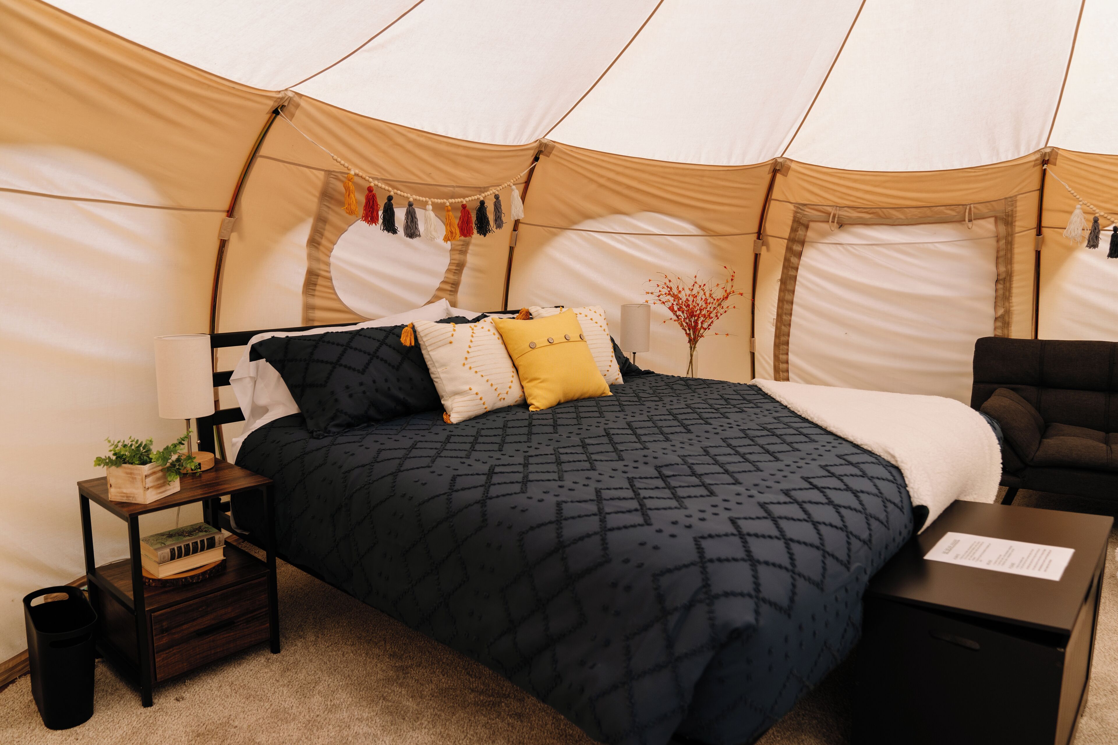 A tented room with a bed, bedside table, lamp, and a small plant.