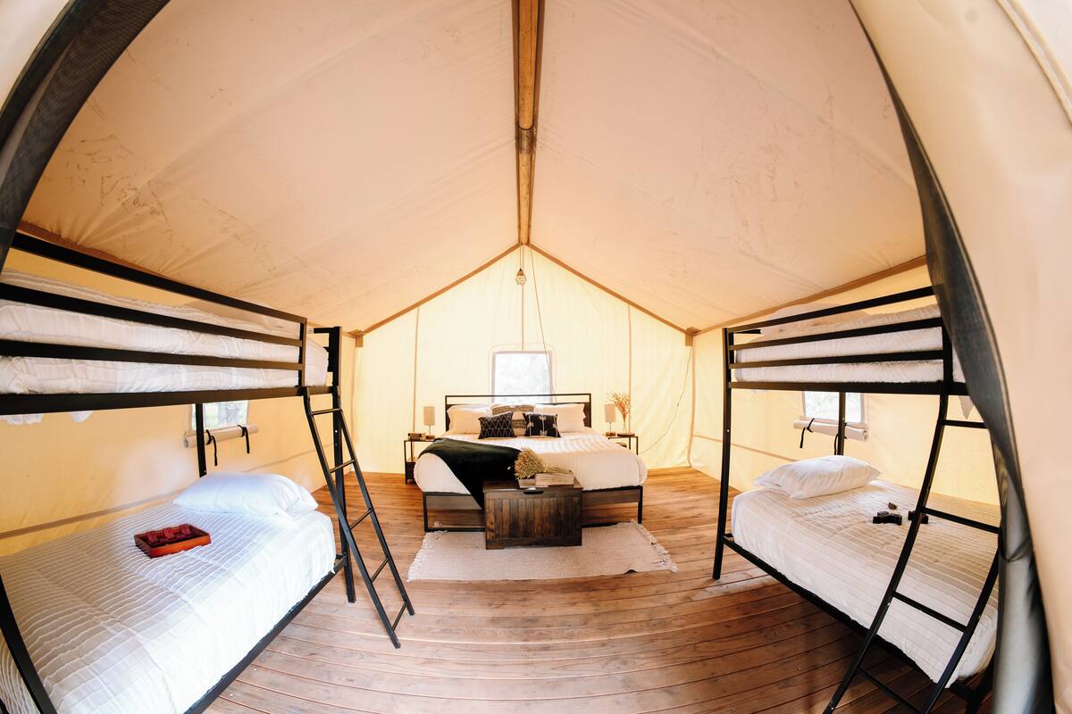 A tented accommodation with bunk beds, a central bed, and a small table with a lamp.