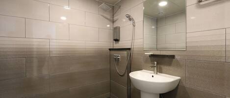 A modern bathroom with a white sink, a handheld showerhead, and a mirror above the sink.