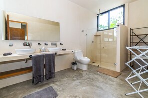 Shower, towels, toilet paper