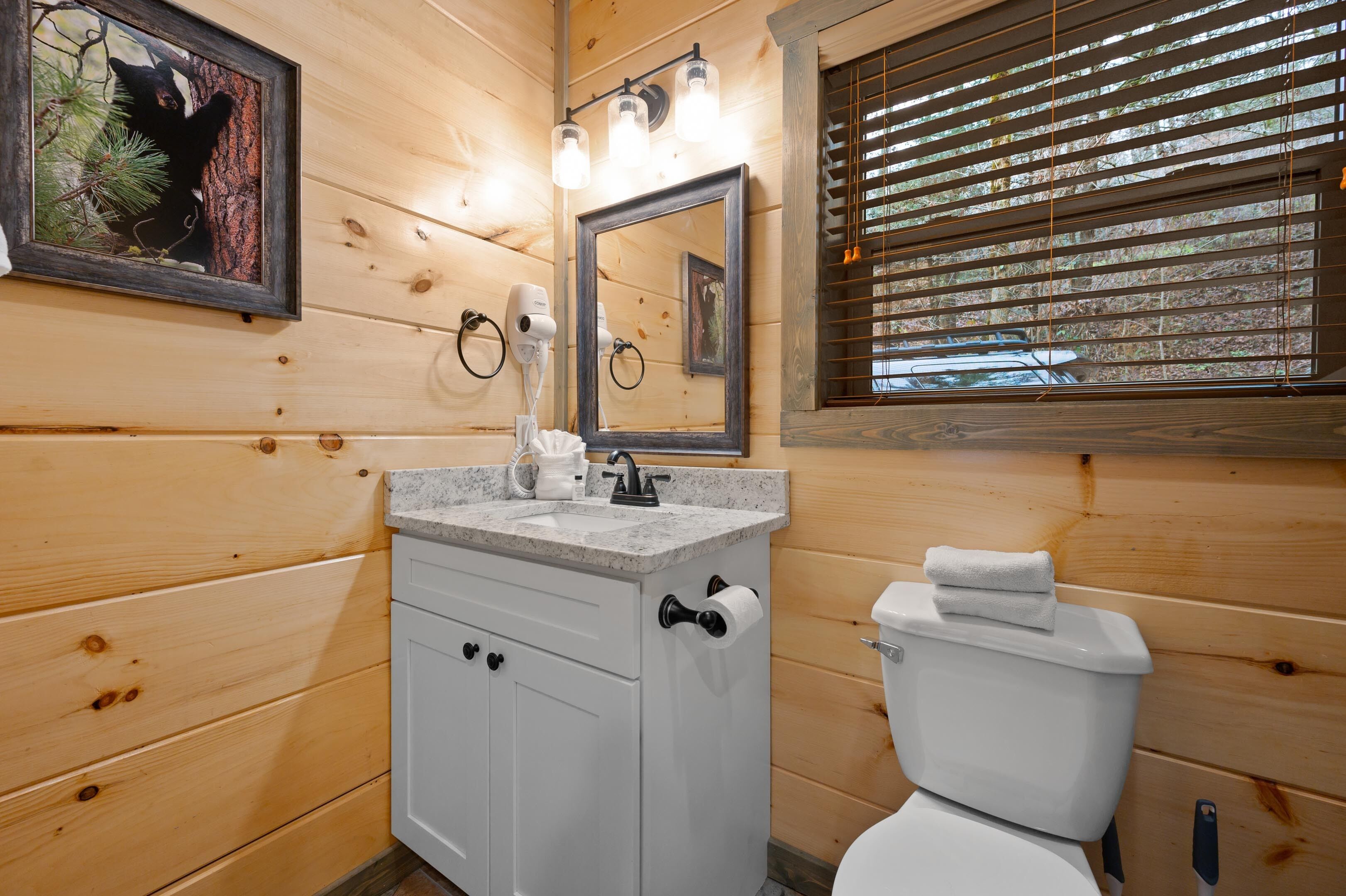Ein Badezimmer in einer Holzhütte mit Waschbecken, Spiegel und Toilette.