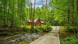 A cabin in a forest with a concrete path leading to it. - Creekfront Views! Hot Tub/ 2 King Bed En Suites/Secluded/Arcade/Firepit/FastWifi (Pigeon Forge)