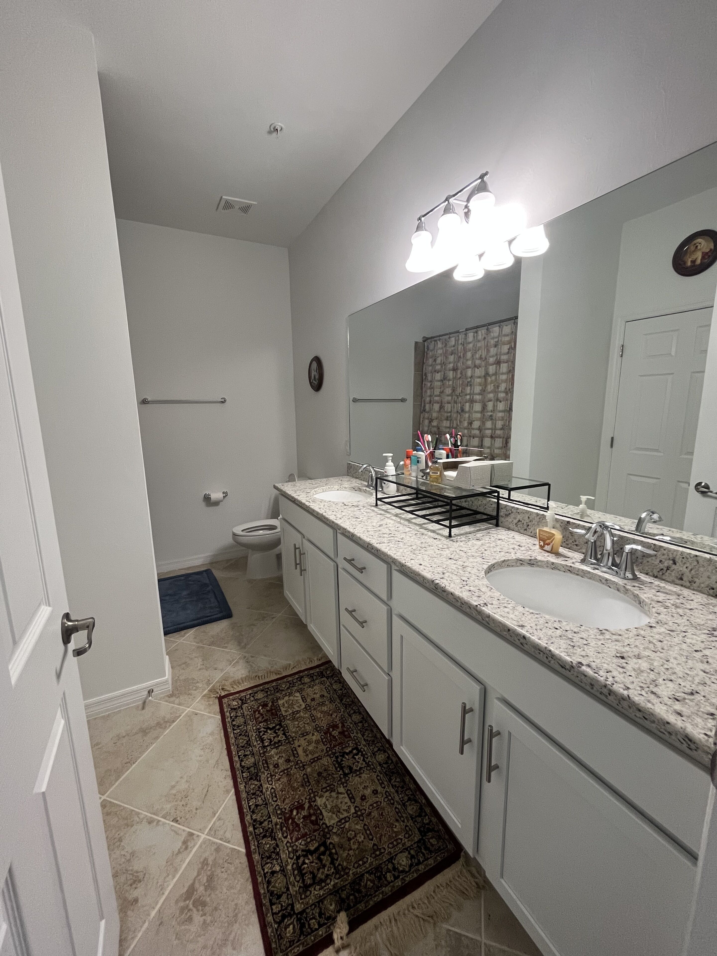 A bathroom with a double sink, a large mirror, and a shower.