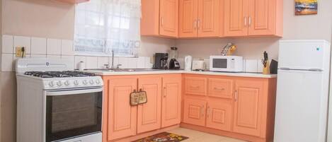Fridge, microwave, oven, coffee/tea maker