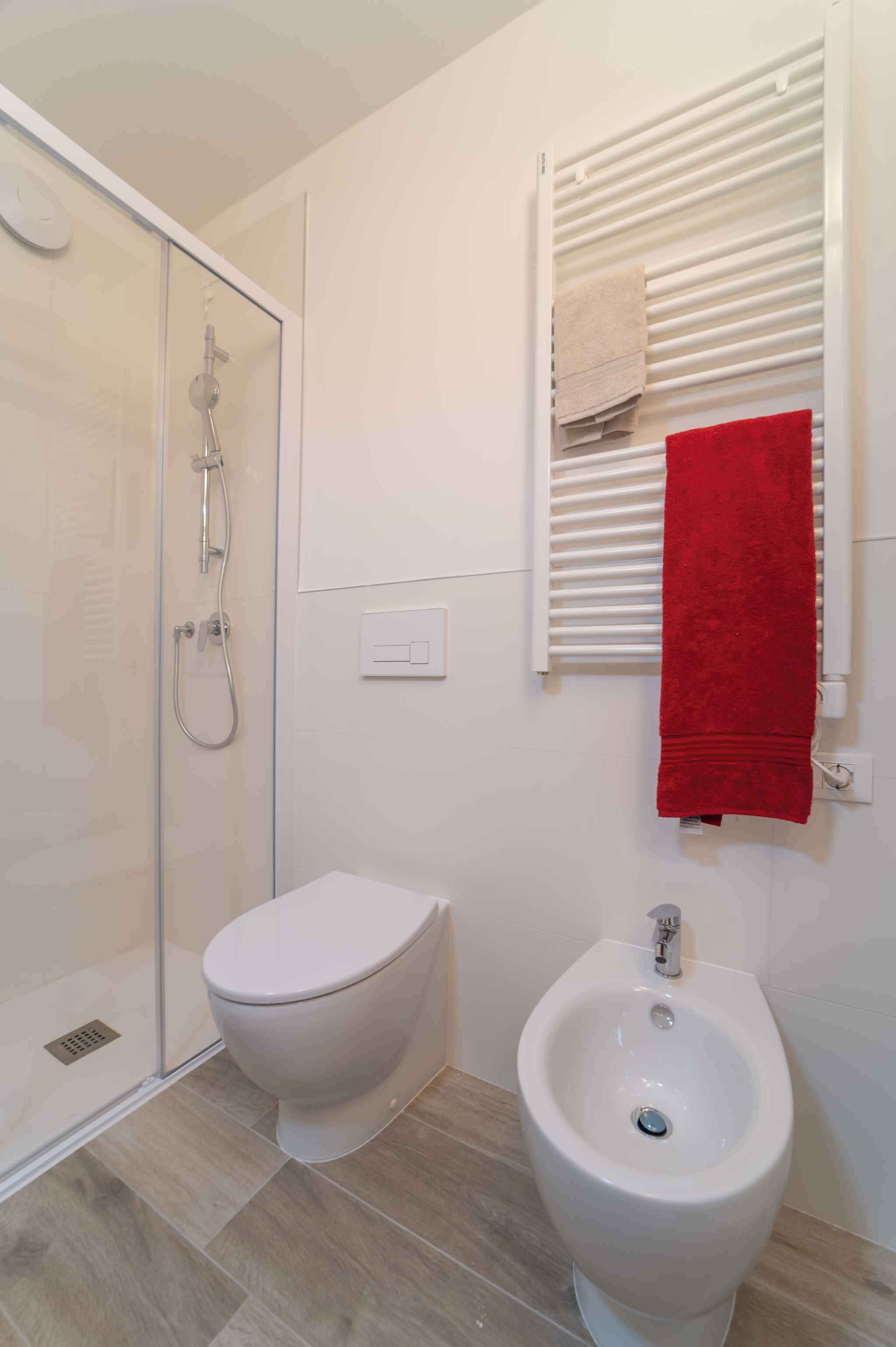 A bathroom with a glass shower enclosure, a toilet, and a bidet.