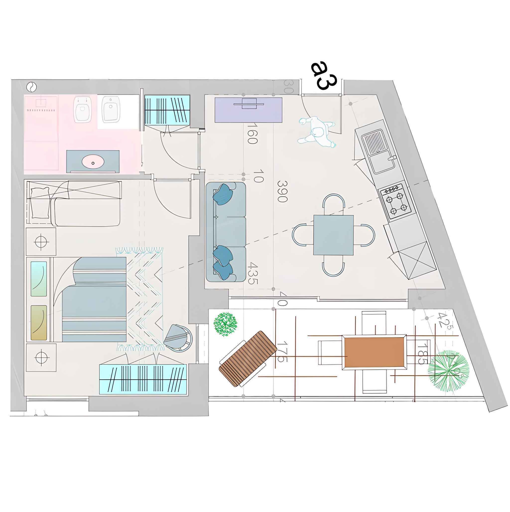 Grundriss eines Hotels mit Essbereich, Küche und Schwimmbad.
