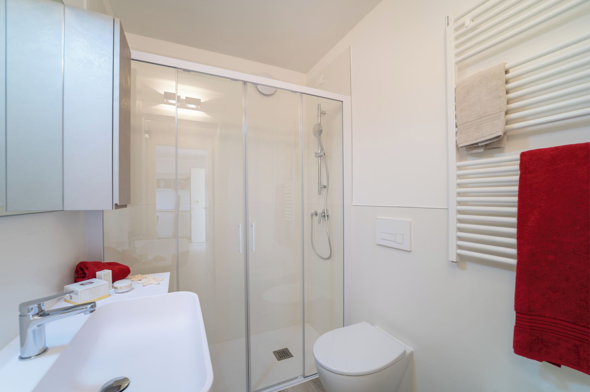 Une salle de bain moderne avec une douche à parois de verre, un lavabo blanc et des toilettes.