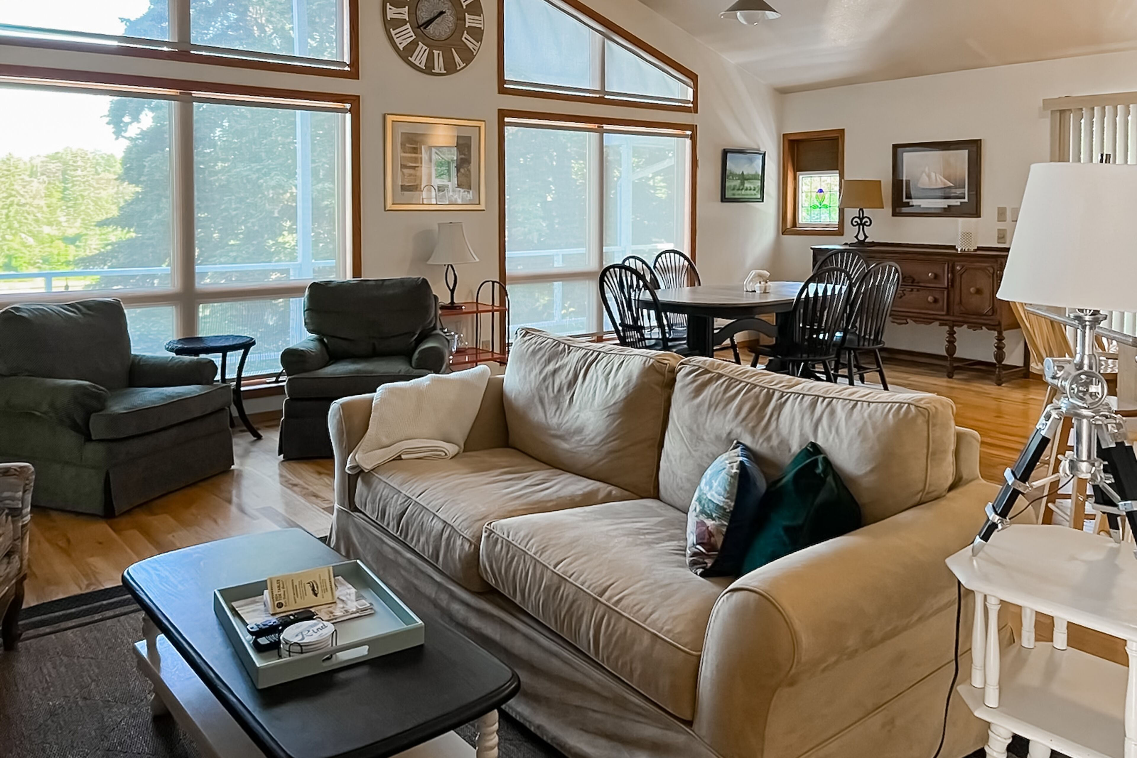 Gorgeous water view home with private hot tub, fireplace, firepit & huge deck