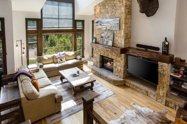 Smart TV, chimenea, libros y estéreo 