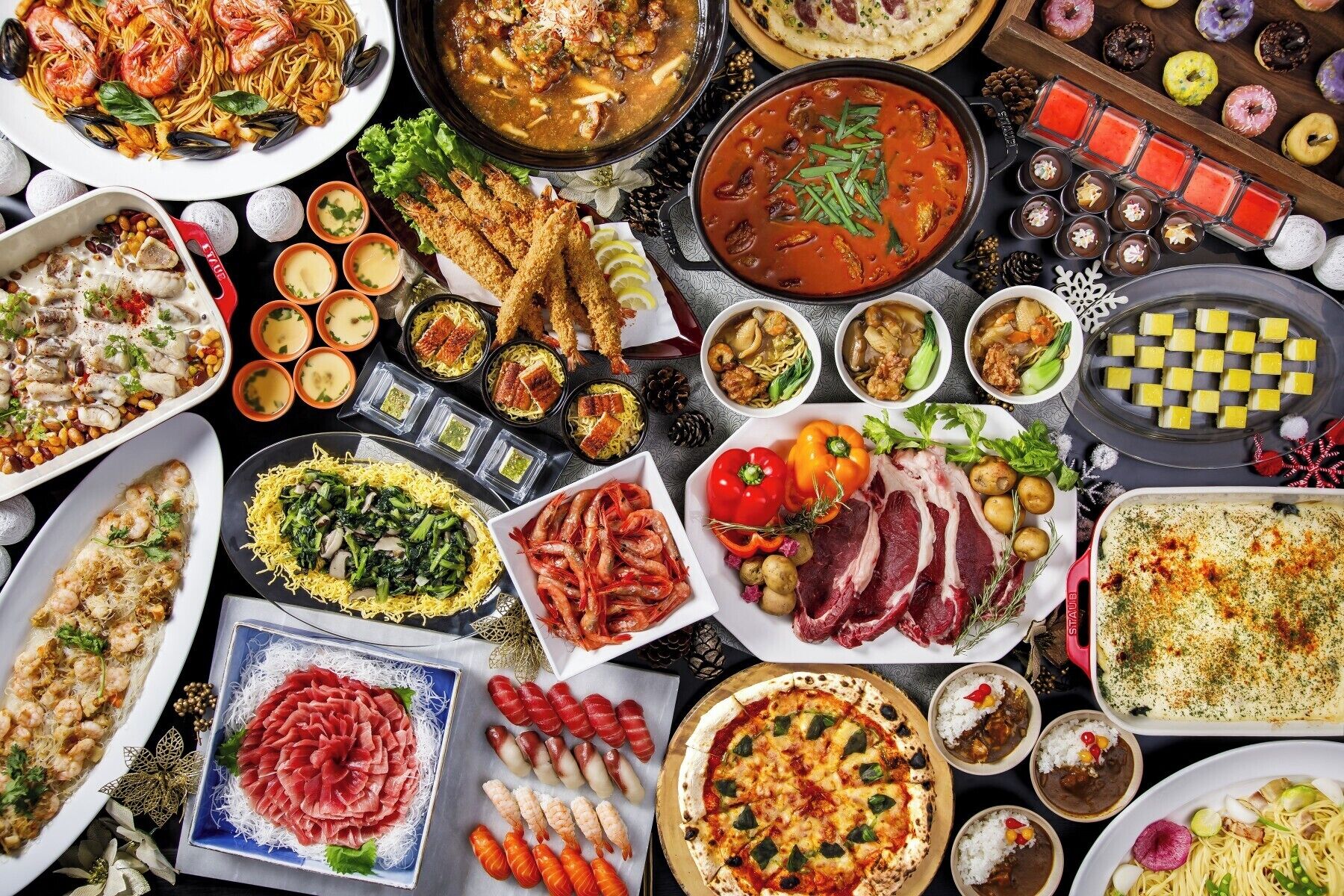 A variety of dishes including seafood, pasta, and meats, suggesting a diverse culinary experience.