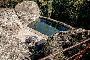 Une piscine en pierre offrant une vue sur les arbres, entourée de rochers et d’une rambarde en métal.