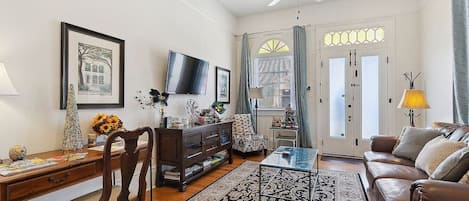 Smart TV, fireplace, books