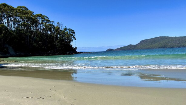 A beach with clear water, sandy shore, and a forested cliff. - Lumeah Retreat Bruny Island (Adventure Bay)
