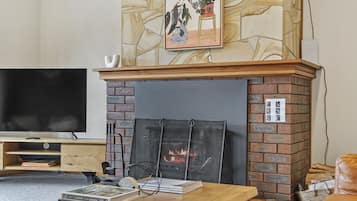 Una sala de estar con chimenea, televisor y estantería.