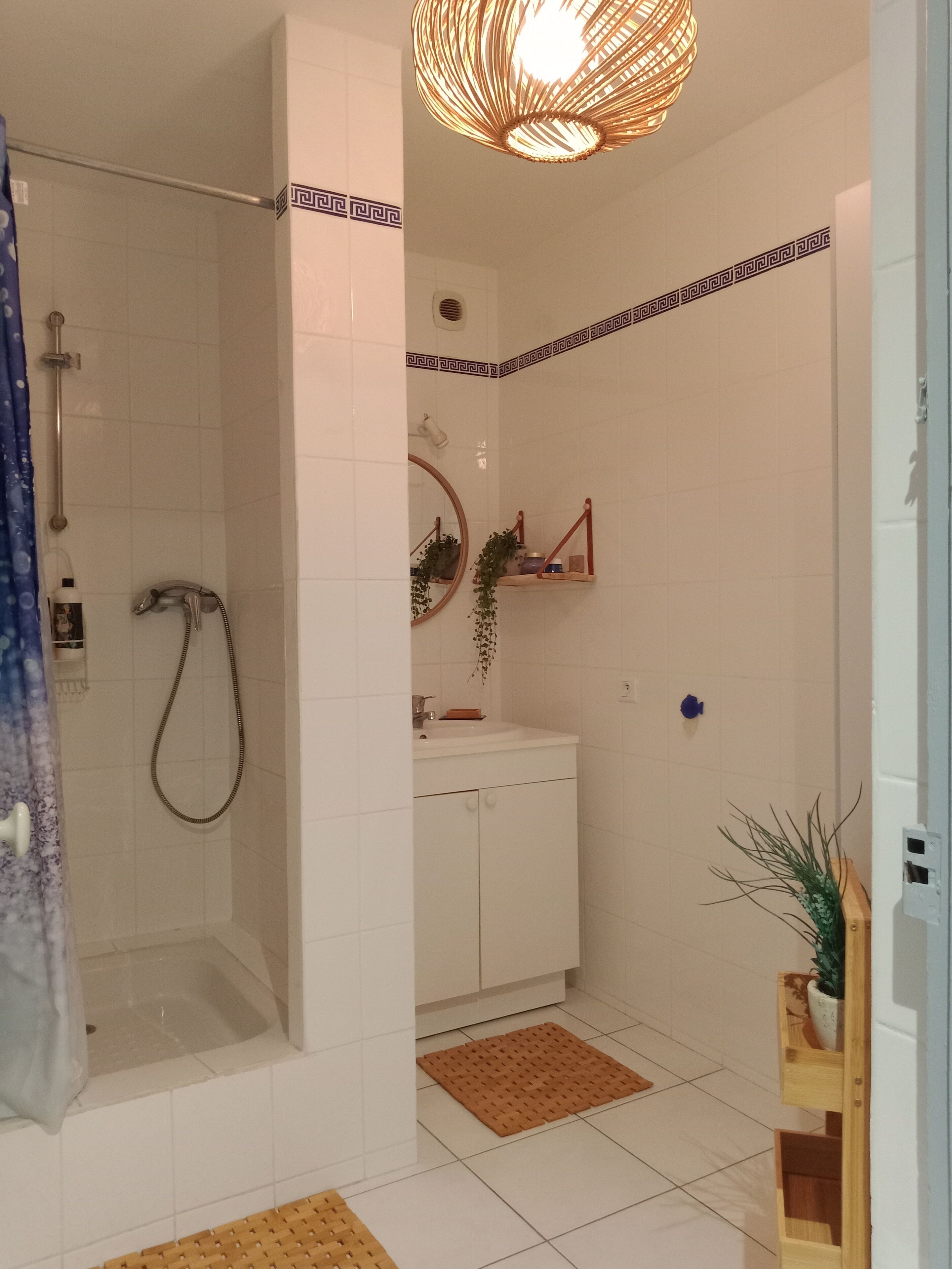 Une salle de bain avec une douche, un lavabo et un miroir. On y trouve un porte-serviettes et une étagère avec des articles de toilette.