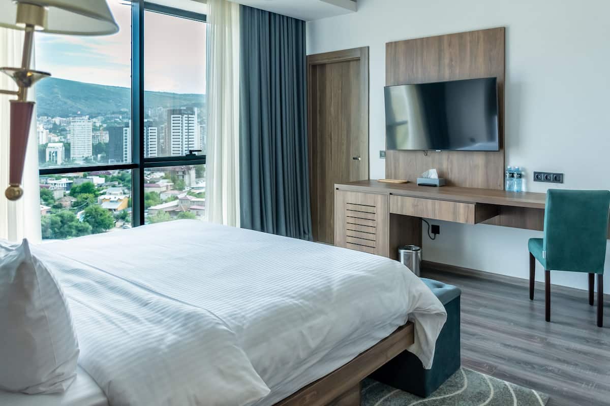 A hotel room with a large bed, a desk with a TV, and a view of the city.