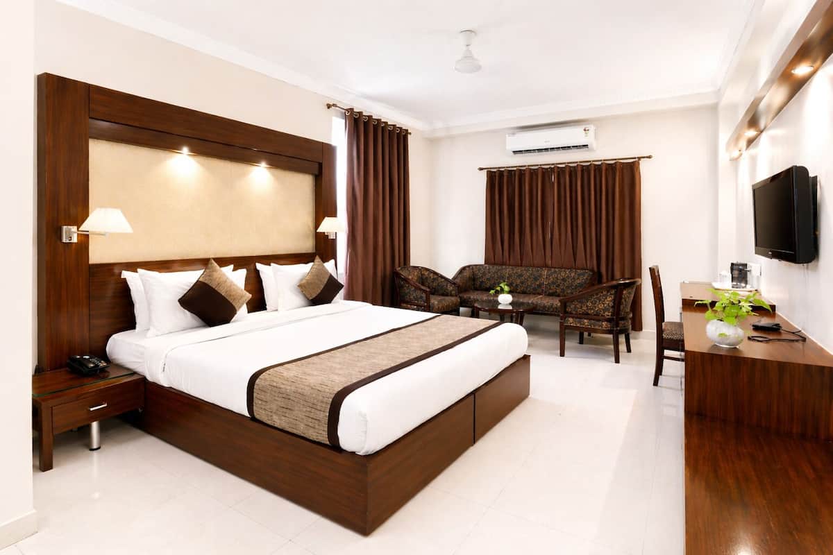A hotel room with a large bed, a desk, a chair, a sofa, and a TV.