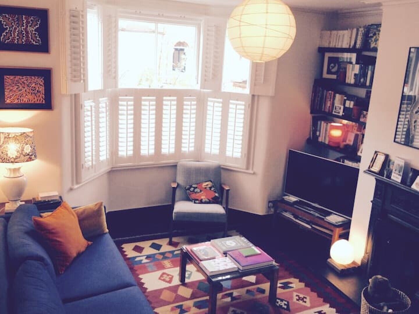 Smart TV, fireplace, books