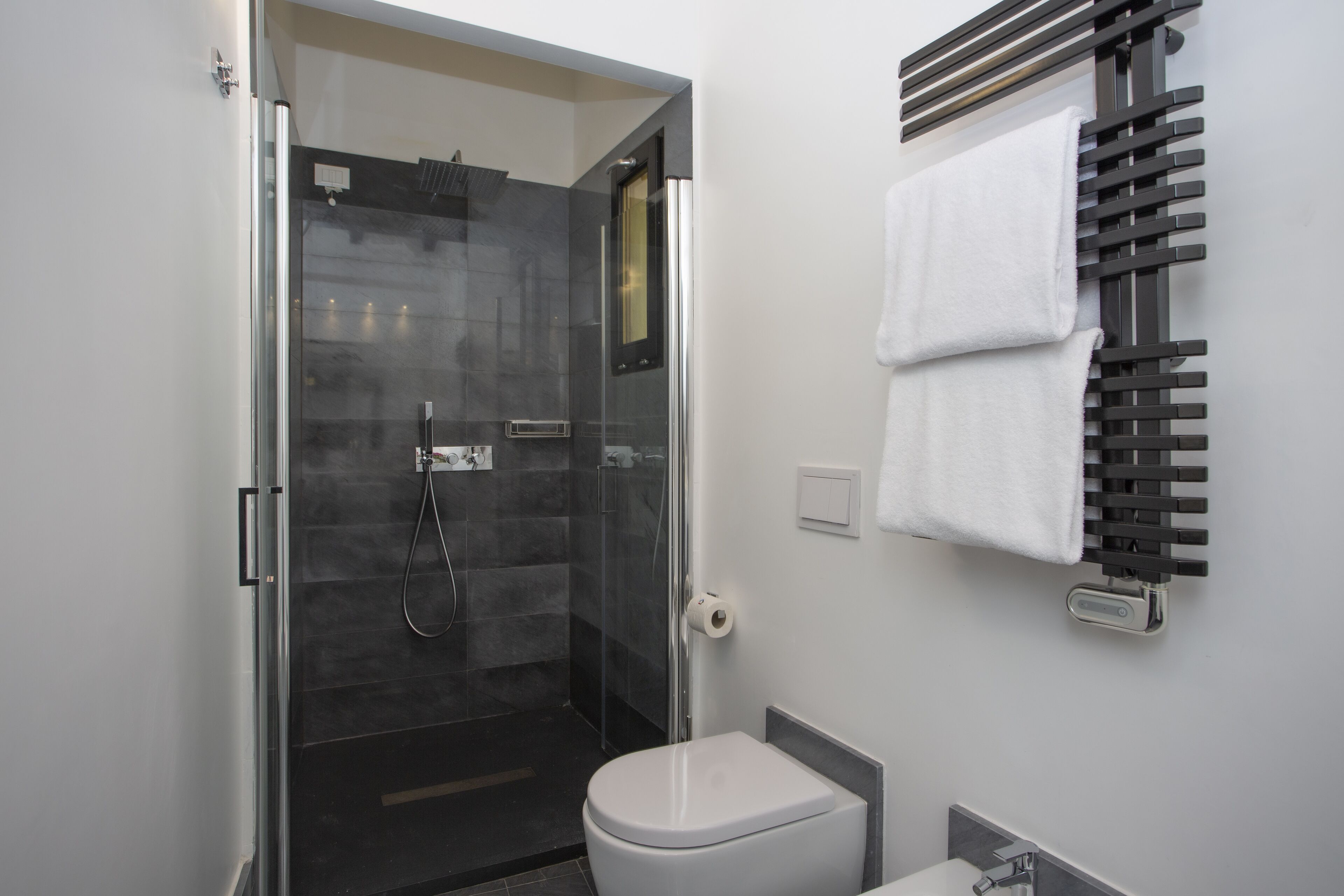 A modern bathroom with a glass-enclosed shower, a white toilet, and a towel rack with two towels.