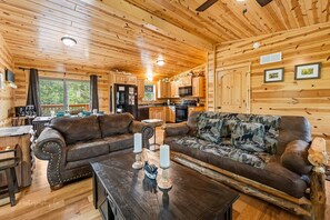 Cabin, Multiple Beds, Hot Tub | Living area | 40-inch TV with cable channels, fireplace