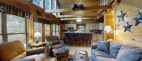 Cabin, Multiple Beds, Hot Tub, Mountain View | Living area | 40-inch TV with cable channels, fireplace