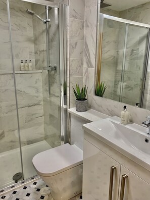 Shower, free toiletries, hair dryer, towels