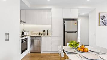 Microwave, stovetop, dishwasher, cookware/dishes/utensils