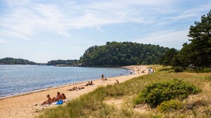 Una playa con gente tomando el sol y nadando, rodeada de dunas cubiertas de hierba y una colina boscosa.