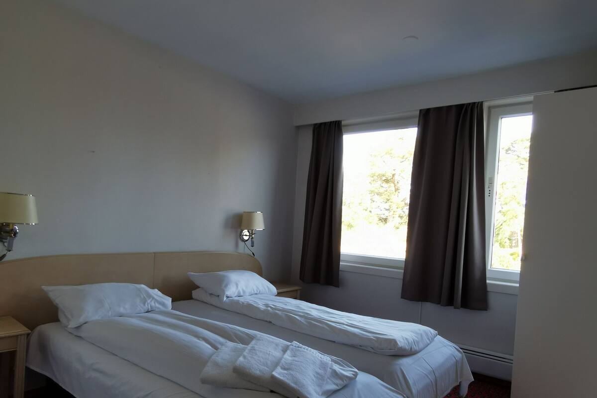 A hotel room with two beds, a nightstand, a lamp, a window with curtains, and a red patterned carpet.