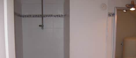 A bathroom with a bathtub, a shower, a toilet, and a mirror.