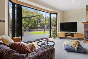 Smart TV, chimenea y libros 