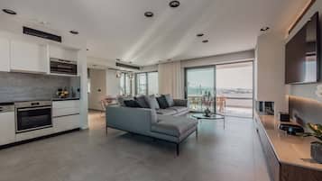 A modern living room with a grey sofa, a dining area, and a kitchen with built-in appliances.