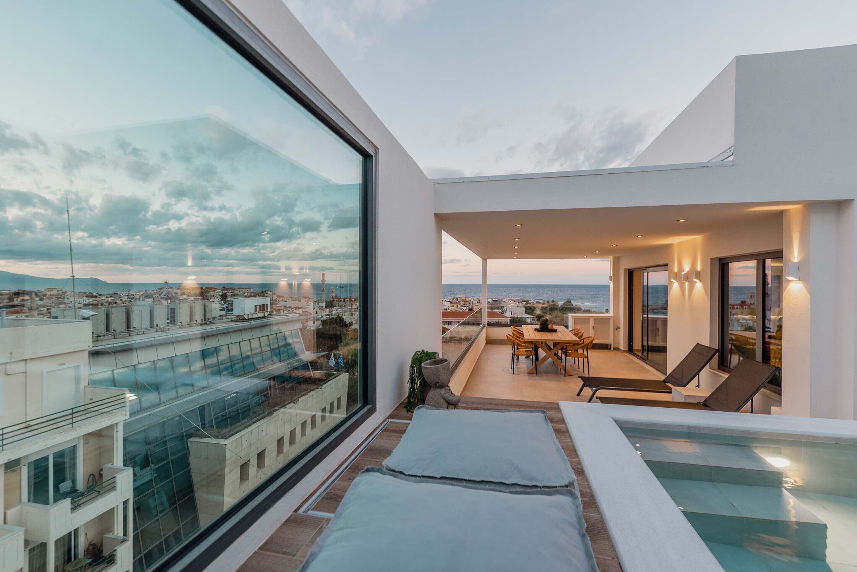 Outdoor pool, a heated pool, sun loungers