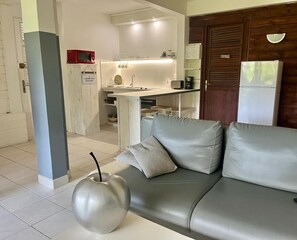 Una sala de estar moderna con un sofá gris, una mesa de centro esférica única y una zona de cocina al fondo.