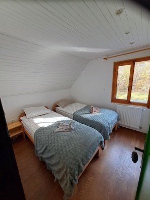 A bedroom with two beds, a window, and a radiator.