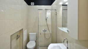 Ein modernes Badezimmer mit einer Duschkabine, einer weißen Toilette und einem Waschbecken mit Armatur aus Chrom.