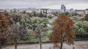 Eine Stadtansicht mit einem markanten Gebäude in der Mitte, umgeben von Bäumen und weiteren Gebäuden.