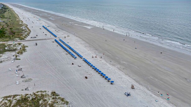 Una playa con hileras de sombrillas azules y sillas, una orilla arenosa y el océano al fondo.
