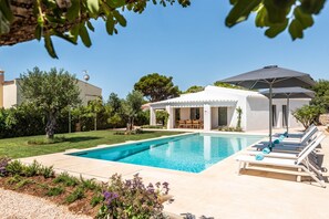 A swimming pool with lounge chairs, a covered patio, and a garden.