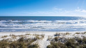 A beach with a sandy shoreline and a wooden fence. - 20 Ibis -Oceanfront, 7 Bedroom home w/ private pool.  Sleeps 19 (Hilton Head Island)