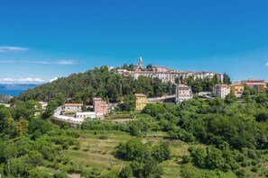 A hillside town with buildings, a prominent tower, and lush greenery.