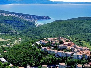 An aerial view of a coastal town with dense greenery, a central cluster of buildings, and a body of water in the background.