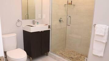 A modern bathroom with a toilet, sink, and glass-enclosed shower.