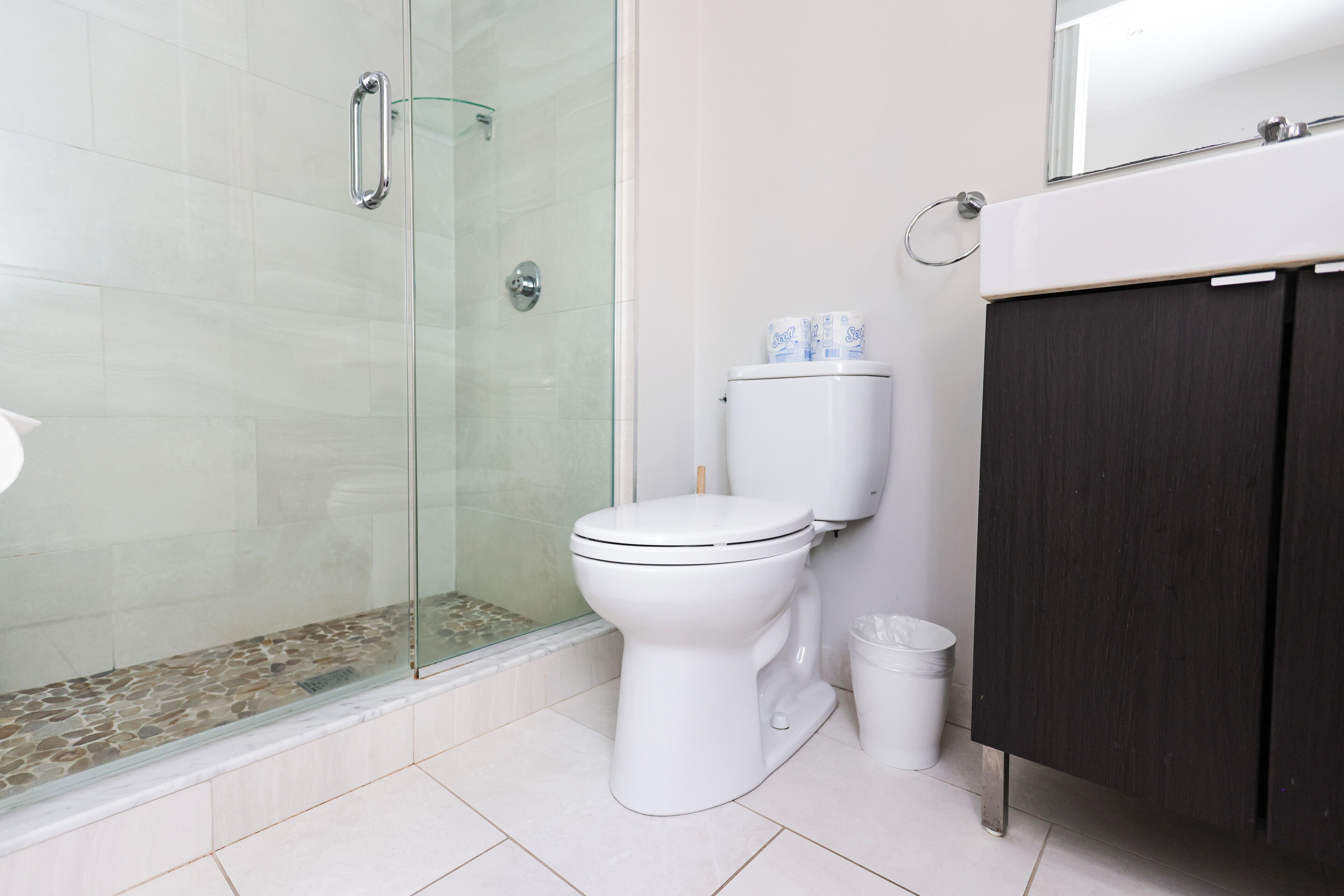 A modern bathroom with a glass shower enclosure, a white toilet, and a dark wooden cabinet.