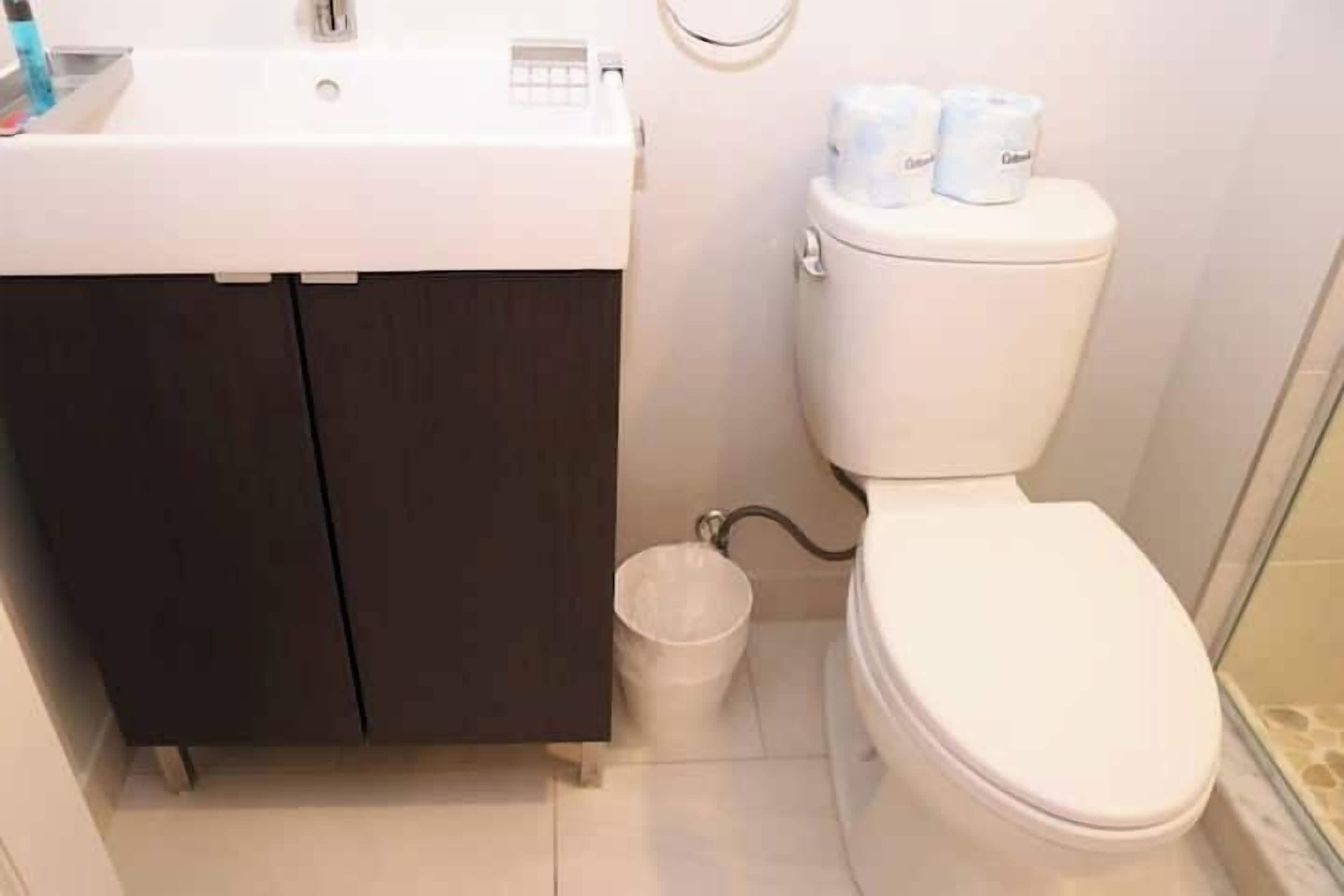 Une salle de bain avec un lavabo blanc, des meubles sombres, des toilettes avec du papier toilette et une poubelle.