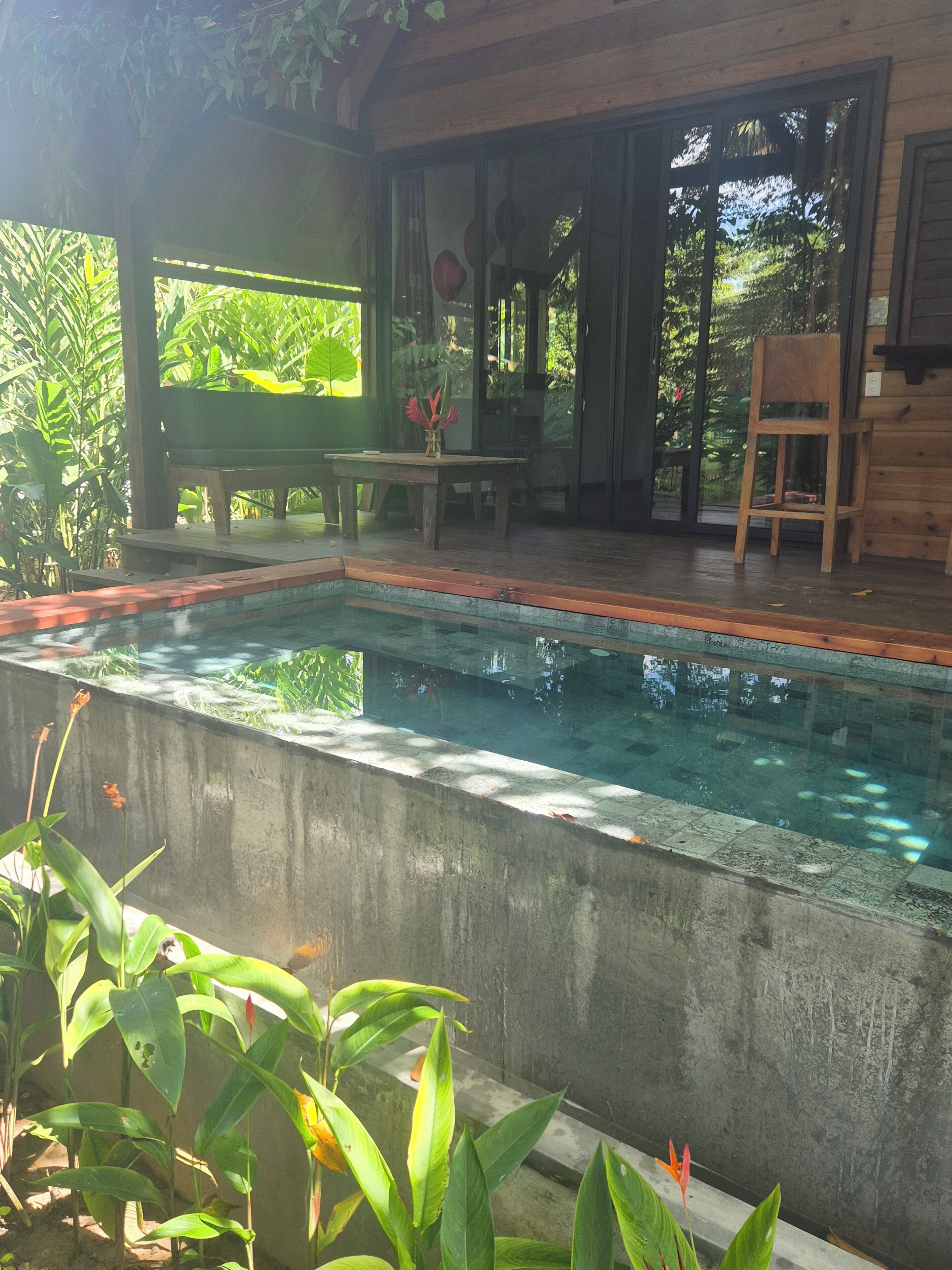 Una piscina rectangular con agua cristalina, rodeada por un borde de hormigón. Hay una zona de terraza de madera con un banco y una mesa, y una silla se ve al fondo.