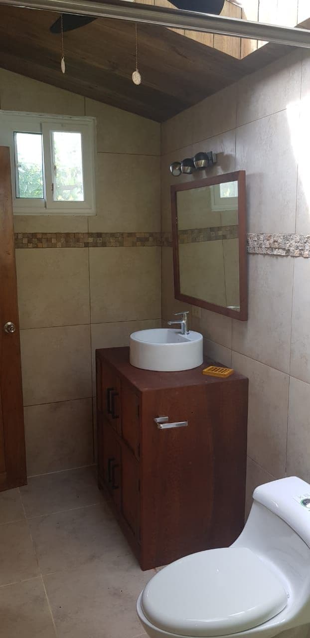 A bathroom with a white sink, wooden cabinet, and a toilet.