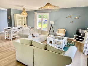 TV, fireplace, books