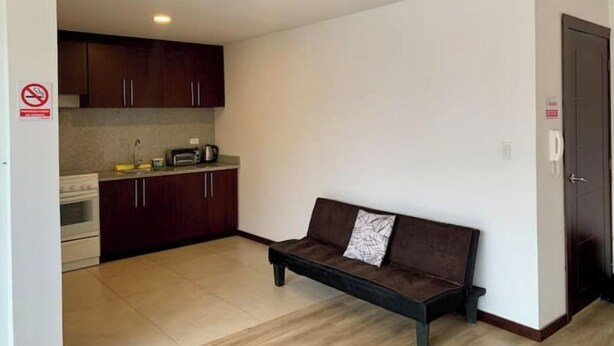A compact living space with a kitchenette, a sofa, and a door.